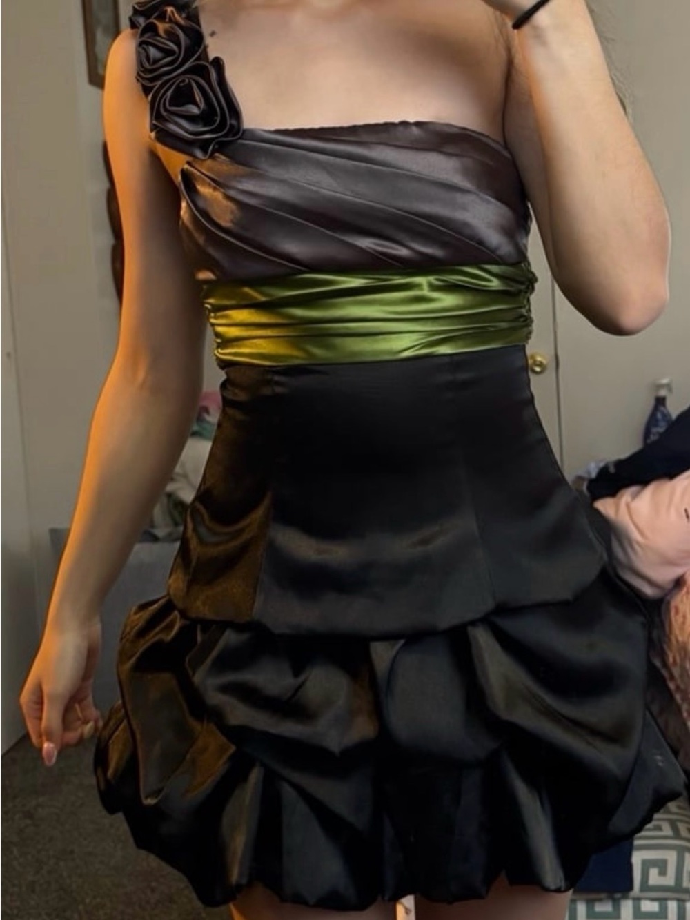 Speechless Black and Olive Green One-Shoulder Satin Dress with Rosette